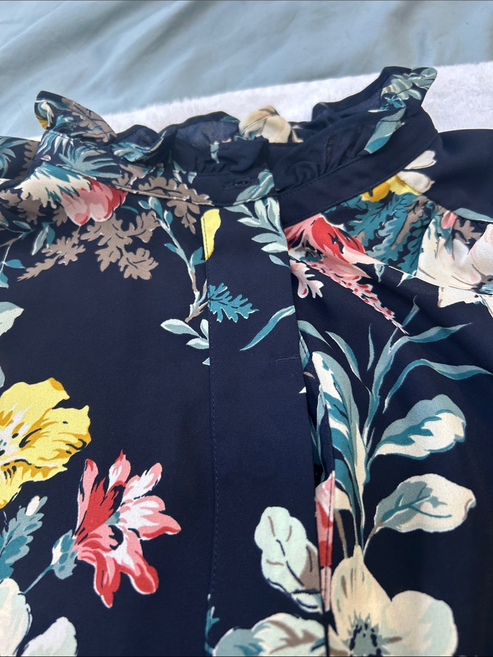 LOFT Navy Floral Ruffle-Neck Blouse with Multicolor Blooms